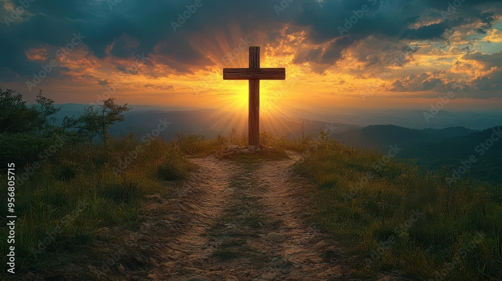 weathered wooden cross on hilltop silhouette dramatic stormy sky sun rays breaking through clouds winding path leading to summit weathered wooden cross on hilltop silhouette dramatic stormy sky sun rays breaking through clouds winding path leading to summit