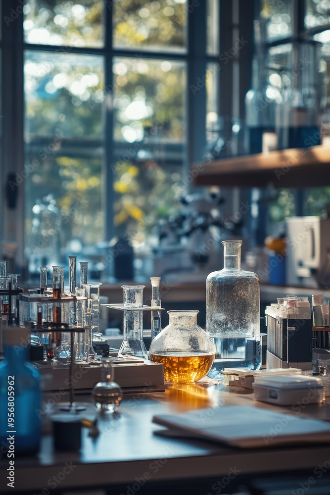 Blurry Science Lab, A soft-focused image of a science laboratory interior, showcasing a workspace filled with equipment, tools, and supplies for research Blurry Science Lab, A soft-focused image of a science laboratory interior, showcasing a workspace filled with equipment, tools, and supplies for research