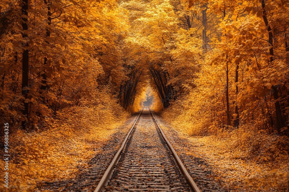 Naklejka premium Autumn Forest with Old Railway Tracks in a Tunnel of Love, AI generated illustration