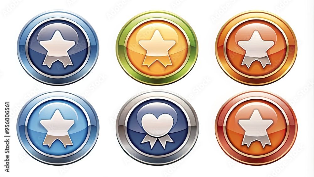 A collection of colorful, modern status icons representing different social media and online presence levels, such as bronze, silver, gold, and platinum achievements.