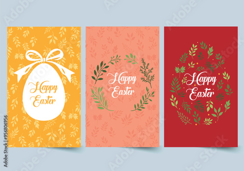 Easter basket patterns concept in the flat cartoon design. Three Happy Easter greeting cards with bright colors and floral designs are perfect for Easter celebrations. Vector illustration.