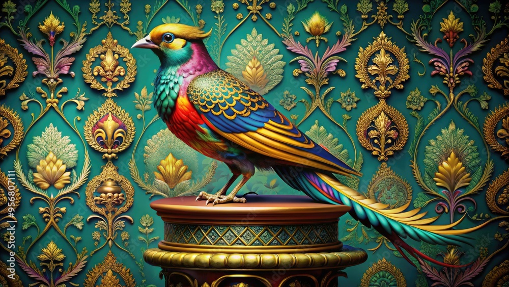 custom made wallpaper toronto digitalA colorful, ornate illustration of a rare, plumage-adorned bird perched on a gilded, florally-patterned pedestal, evoking nostalgia for a bygone era of elegance.