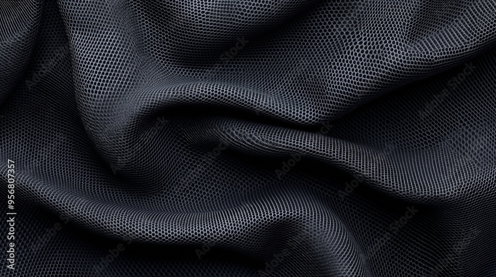 Close-up of dark crumpled mesh fabric with hexagonal pattern, showcasing texture and folds for depth and dimension.