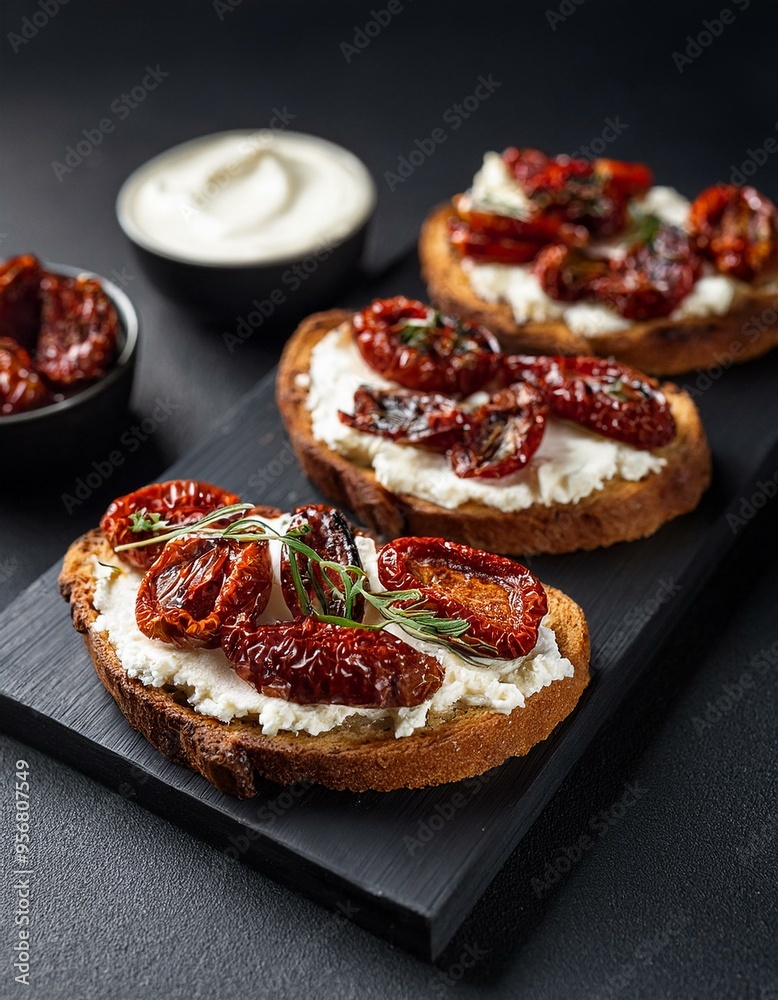 Toasts with sun-dried tomatoes and cream cheese on a black board, dark background. Toasts with sun-dried tomatoes and cream cheese on a black board, dark background.