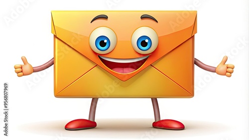 A colorful cartoon envelope with a smiling face and exaggerated features stands upright on a white background, awaiting its next adventure or message delivery. photo