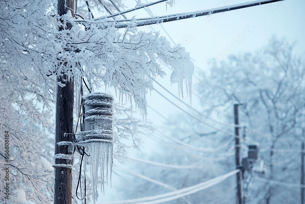 Fototapeta premium A snowy scene featuring power lines with icicles and frosted branches, capturing the serene beauty of winter's chill.