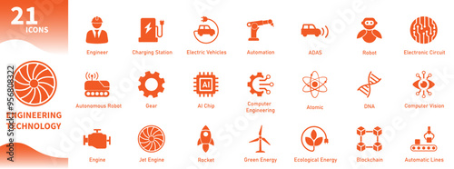 Engineering technology icons. Collection of icons about artificial intelligence, automation, computer technology, mechanics, energy. Solid vector icons.