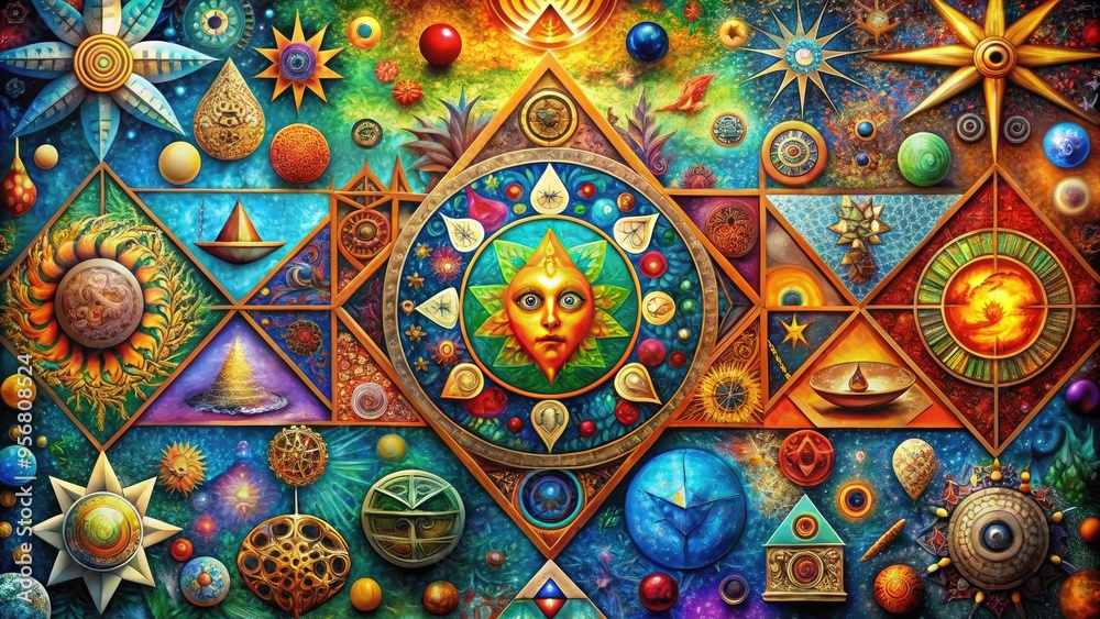 A colorful palette of abstract ancient-inspired glyphs and icons, including mystical creatures, celestial bodies, and geometric shapes, arranged in a creative collage. A colorful palette of abstract ancient-inspired glyphs and icons, including mystical creatures, celestial bodies, and geometric shapes, arranged in a creative collage.