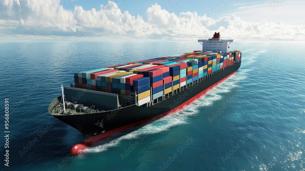 Fototapeta premium Cargo ship on the open ocean, fully loaded with containers for global shipping. Represents international logistics and ocean freight services.