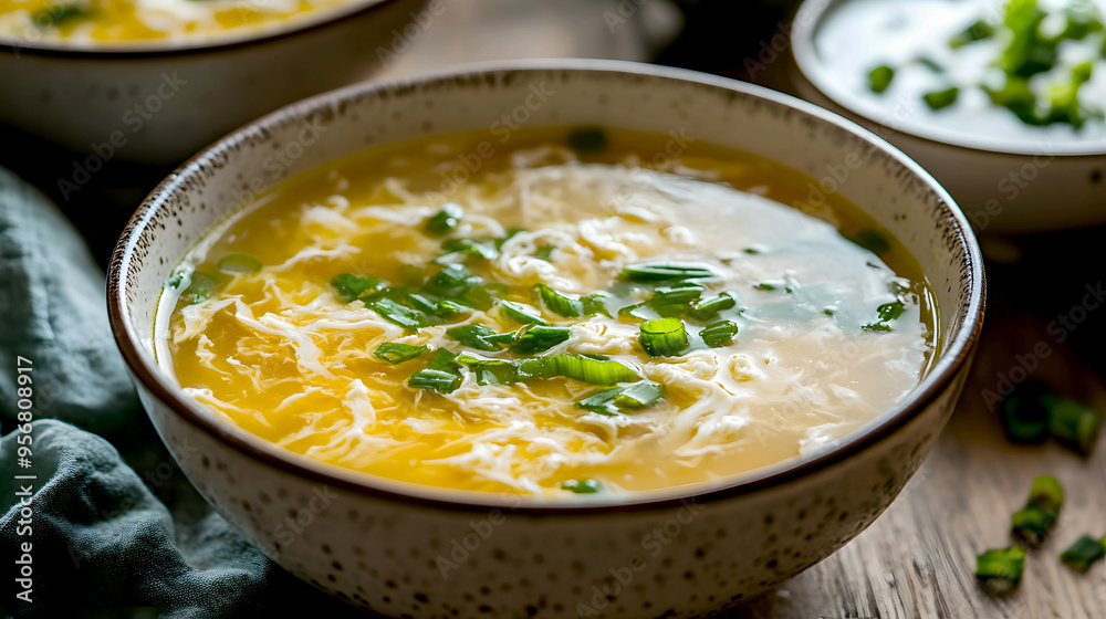 comforting bowl of egg drop soup, with ribbons of egg swirling in a rich broth comforting bowl of egg drop soup, with ribbons of egg swirling in a rich broth