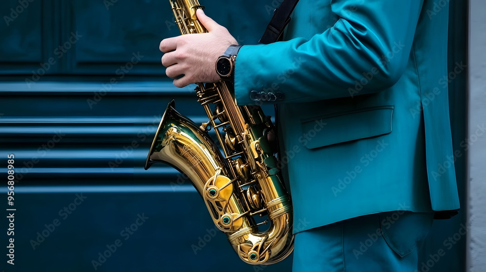 Fototapeta premium Saxophonist performing jazz solo on street