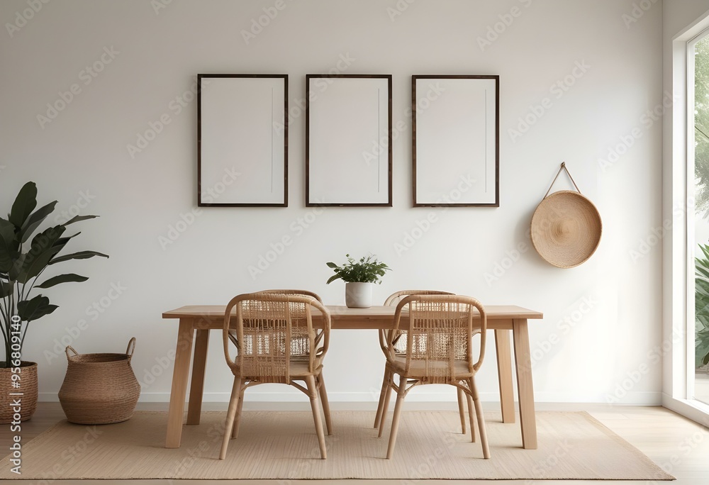 A minimalist dining room with a wooden table, two wicker chairs, and three empty frames on the wall.