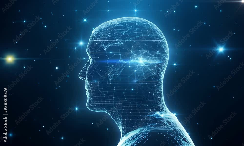 A digital profile of a human head with interconnected lines, representing artificial intelligence and technology in a starry background