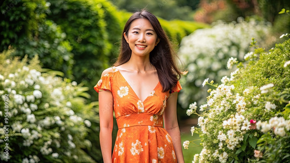 A confident Asian woman stands tall, smiling warmly, wearing a bright orange dress with white flowers, against a natural outdoor background with lush greenery. A confident Asian woman stands tall, smiling warmly, wearing a bright orange dress with white flowers, against a natural outdoor background with lush greenery.