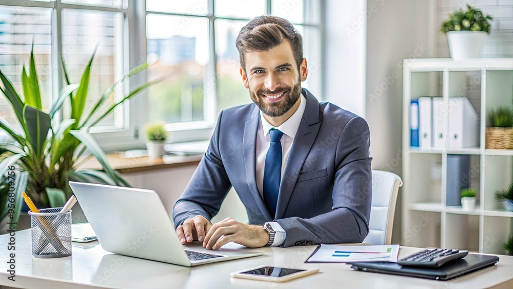A confident business professional sits at a desk surrounded by financial documents, calculator, and computer, conveying expertise and guidance in mortgage financing services. A confident business professional sits at a desk surrounded by financial documents, calculator, and computer, conveying expertise and guidance in mortgage financing services.