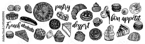 Set hand drawn sweet dessert food. French Bakery pastry collection with traditional clip art bundle. Vintage vector illustration.