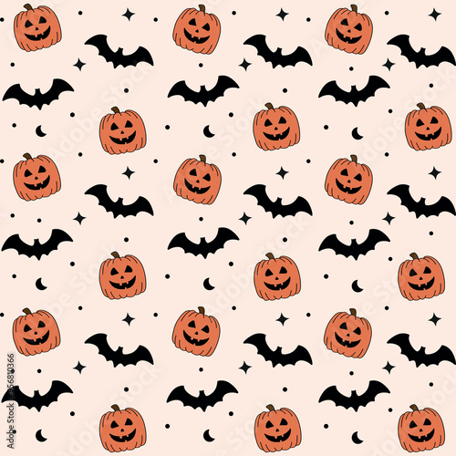 halloween seamless pattern. Halloween design: bat, pumpkin in cartoon style.