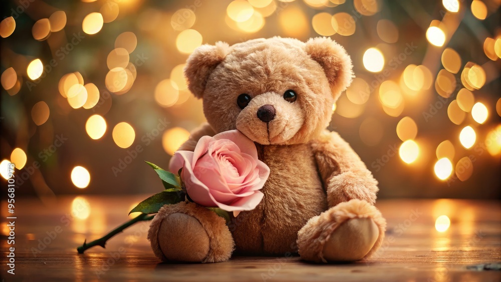 A cuddly teddy bear tenderly cradles a delicate pink rose in its paws, surrounded by soft focus and warm lighting, evoking innocence and sweetness. A cuddly teddy bear tenderly cradles a delicate pink rose in its paws, surrounded by soft focus and warm lighting, evoking innocence and sweetness.