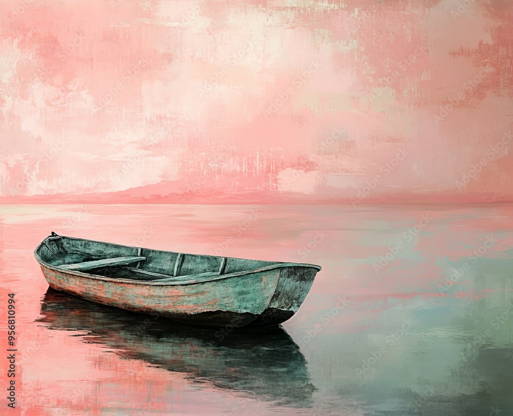 Fototapeta premium Boat in Dreamy Realism on Water, AI generated illustration