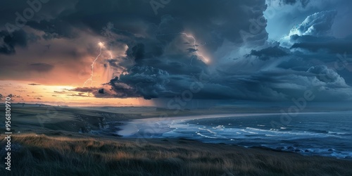 Lightning storm over a coastal landscape, showcasing natural electricity and weather phenomena