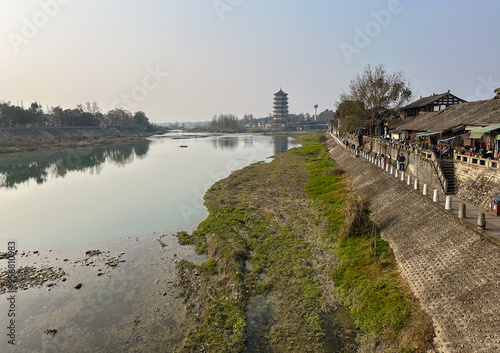 Xijiang River and Yuantong Tower in Yuantong Town, Chongzhou, Chengdu, Sichuan, China. Old town. Tourist attraction.