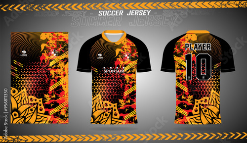 Vibrant Red Orange and Black Jersey Design Mockup for Football Cricket and Esports