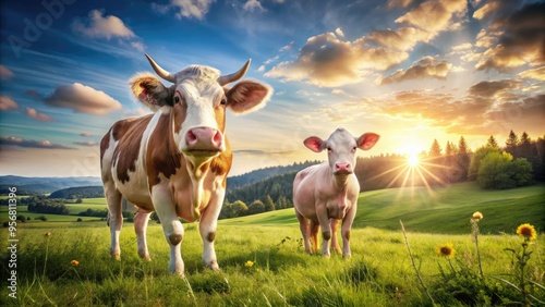 A curious pig and cow stand together in a sun-drenched green pasture, their differences forgotten as they gaze out into the serene countryside landscape. photo