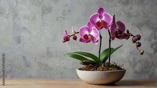 Fresh purple orchid flower on the table isolated on the wall background