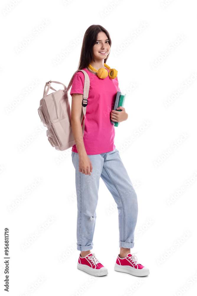 Smiling teenage girl with backpack and books on white background Smiling teenage girl with backpack and books on white background