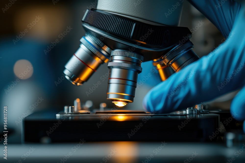 Close-up of a laboratory microscope in use, showcasing detailed optics and a technician's gloved hand adjusting the focus. Close-up of a laboratory microscope in use, showcasing detailed optics and a technician's gloved hand adjusting the focus.