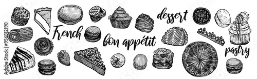 Set hand drawn sweet dessert food. French Bakery pastry collection with traditional clip art bundle. Vintage vector illustration.