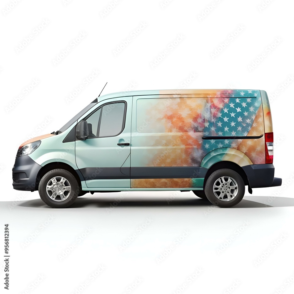 A vibrant teal van with a colorful. abstract American flag design on the side. perfect for representing patriotism. freedom. or travel. A vibrant teal van with a colorful. abstract American flag design on the side. perfect for representing patriotism. freedom. or travel.