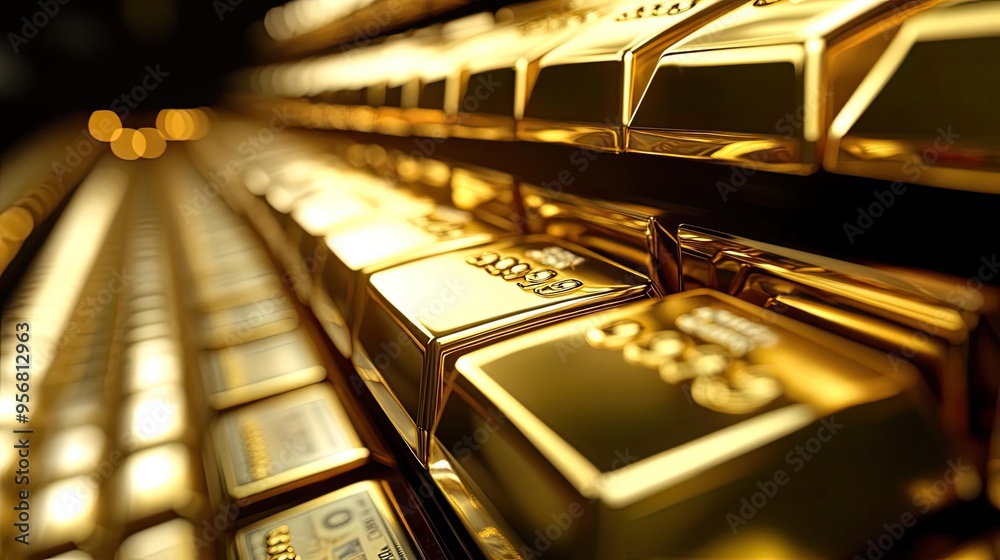 Close-up view of shining gold bars stacked together, representing wealth, luxury, and investment opportunities. Close-up view of shining gold bars stacked together, representing wealth, luxury, and investment opportunities.