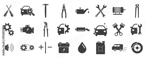 
Silhouettes of car mechanic workshop parts automotive workshop pictogram for cars cleaning gas station and others