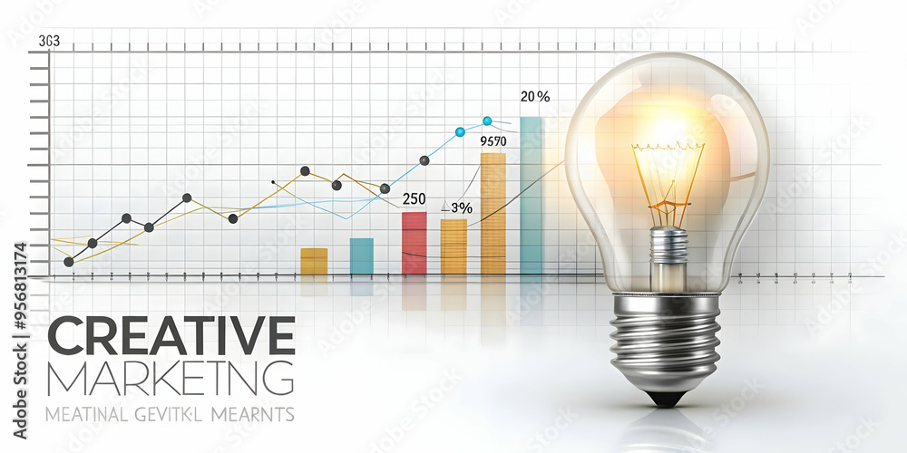 Floating light bulb and graph with Creative Marketing text concept as A sleek vector design showcasing a floating light bulb and graph with the text Creative Marketing. The elements are isolated on a Floating light bulb and graph with Creative Marketing text concept as A sleek vector design showcasing a floating light bulb and graph with the text Creative Marketing. The elements are isolated on a