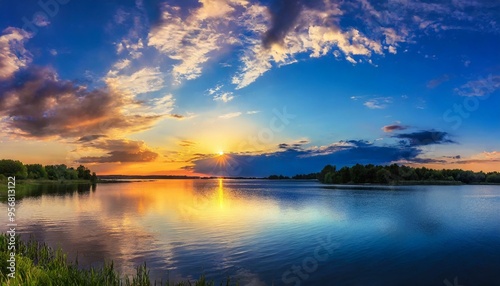Sunset sunrise summer landscape. beautiful nature. blue sky, amazing colorful clouds. natural background, background for relax