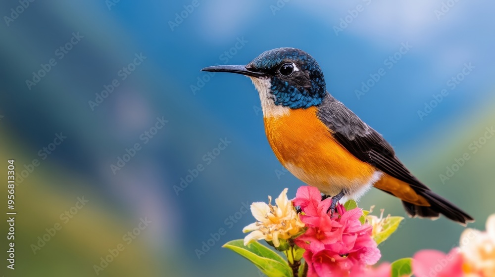 Fototapeta premium a bird perched on a flower with majestic mountains and a river in the background