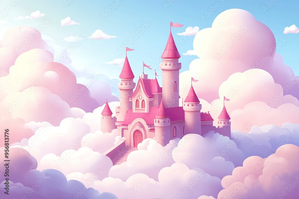 Cartoon castle in clouds. Heavenly castles princesses pink cloud sky, princess home magic kingdom landscape dream house flying heaven. Generative Ai Cartoon castle in clouds. Heavenly castles princesses pink cloud sky, princess home magic kingdom landscape dream house flying heaven. Generative Ai