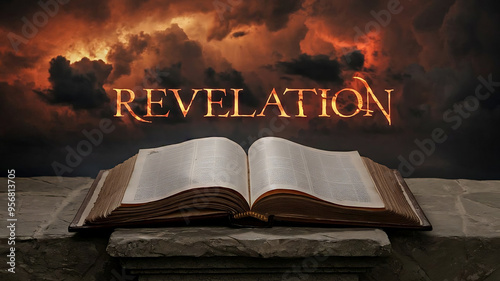 book of revelation open with text saying revelation above it, cloudy fiery sky, christianity, new testament