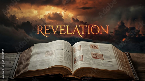 book of revelation open with text saying revelation above it, cloudy fiery sky, christianity, new testament