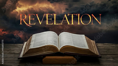 book of revelation open with text saying revelation above it, cloudy fiery sky, christianity, new testament