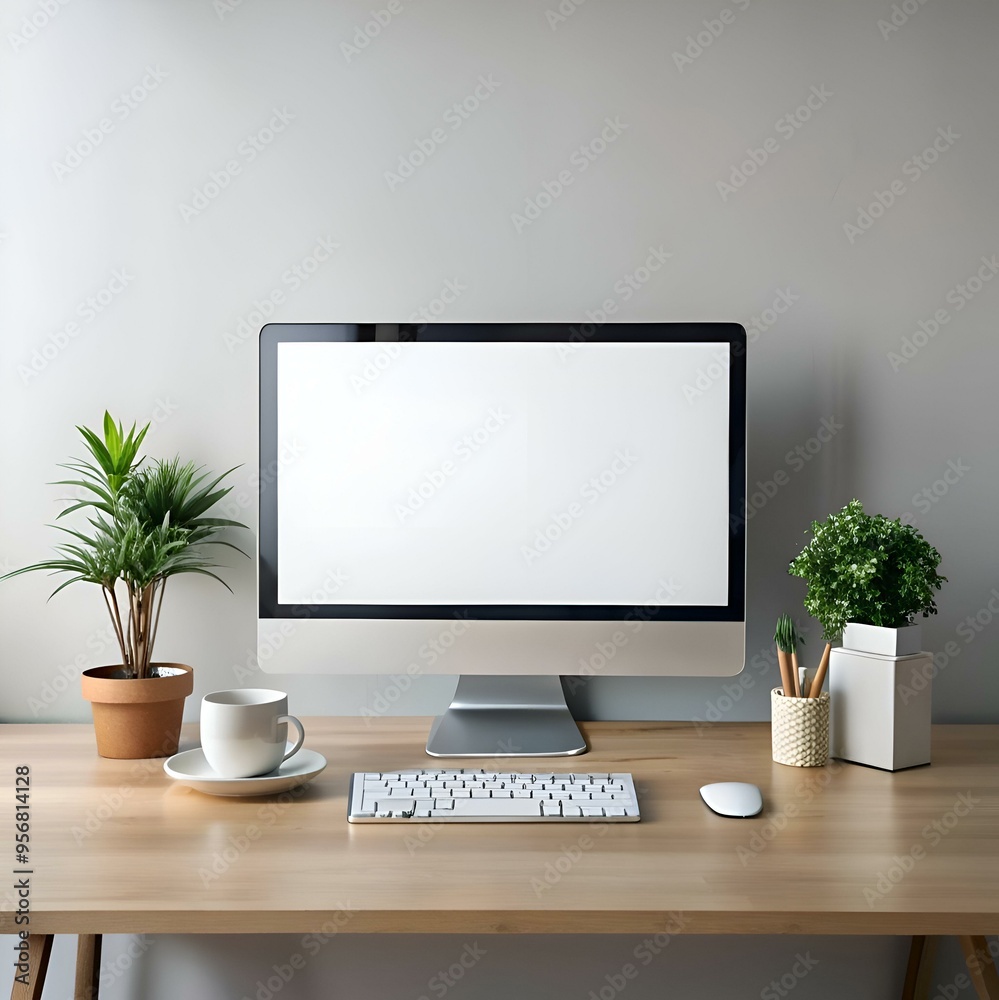 Clean and modern home office workspace with a computer. keyboard. mouse. and a cup of coffee. Clean and modern home office workspace with a computer. keyboard. mouse. and a cup of coffee.