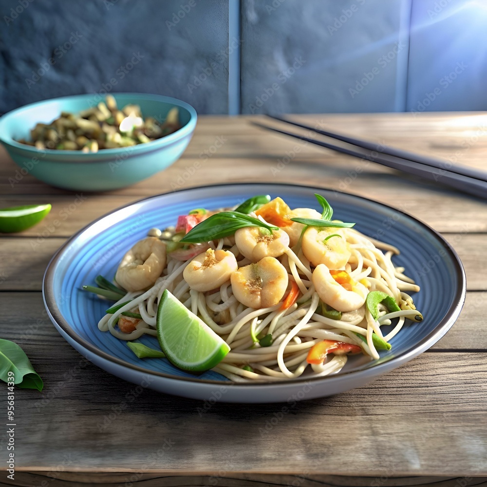 A 3D illustration of a delicious Pad Thai dish. featuring noodles. shrimp. vegetables. and a slice of lime. A 3D illustration of a delicious Pad Thai dish. featuring noodles. shrimp. vegetables. and a slice of lime.