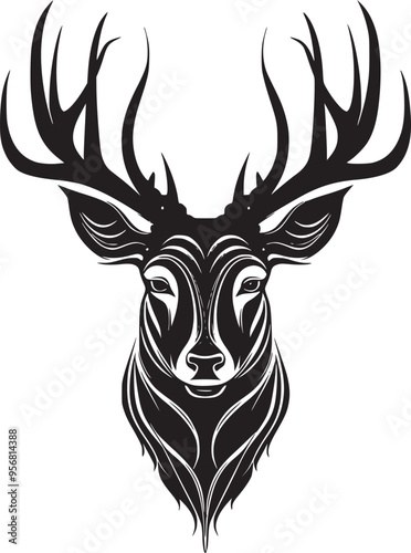 Rain Deer Head Black and White logo illustration for T-shirt design 