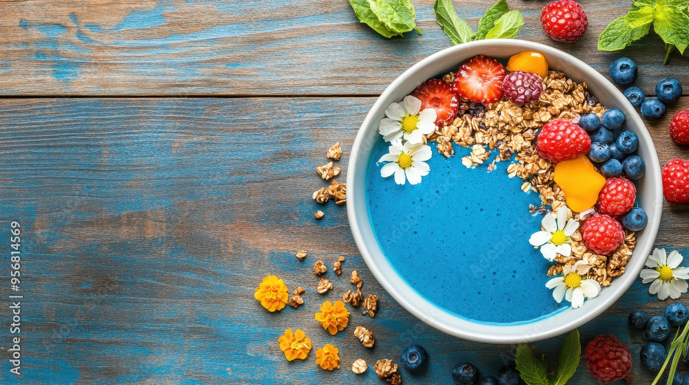 Vibrant blue spirulina smoothie bowl topped with fresh berries, granola, edible flowers, and mint leaves on a rustic wooden background Vibrant blue spirulina smoothie bowl topped with fresh berries, granola, edible flowers, and mint leaves on a rustic wooden background