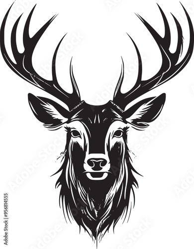 Rain Deer Head Black and White logo illustration for T-shirt design 