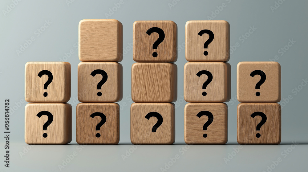Wooden blocks arranged in a stepped formation, each displaying a black question mark symbol on a neutral gray background, representing uncertainty or inquiry. Wooden blocks arranged in a stepped formation, each displaying a black question mark symbol on a neutral gray background, representing uncertainty or inquiry.