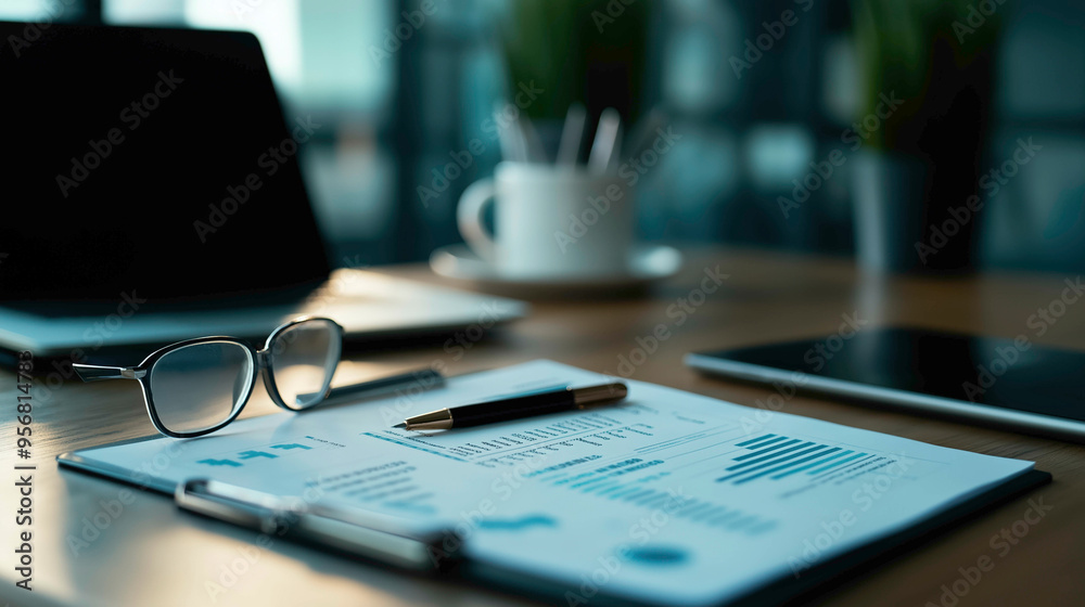 A focused workspace featuring glasses, financial reports on a clipboard, a pen, and a laptop. The setup highlights productivity, precision, and a professional environment with a calm ambiance. A focused workspace featuring glasses, financial reports on a clipboard, a pen, and a laptop. The setup highlights productivity, precision, and a professional environment with a calm ambiance.