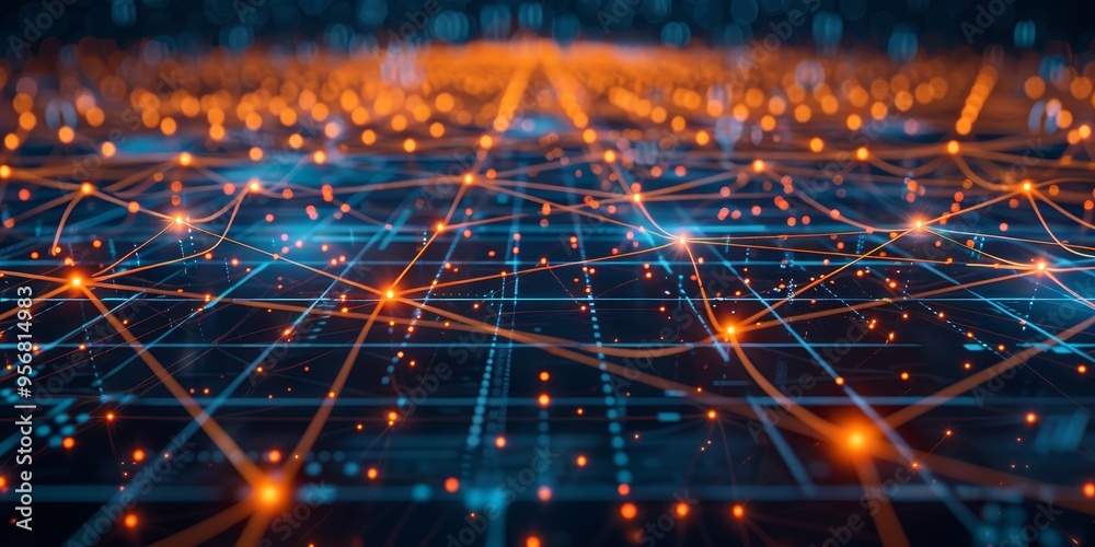 Digital network concept with glowing nodes and connections, symbolizing global communication and data transfer Digital network concept with glowing nodes and connections, symbolizing global communication and data transfer