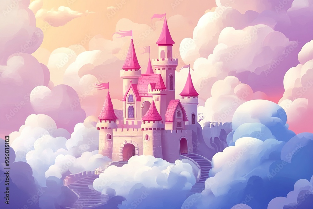 Cartoon castle in clouds. Heavenly castles princesses pink cloud sky, princess home magic kingdom landscape dream house flying heaven. Generative Ai